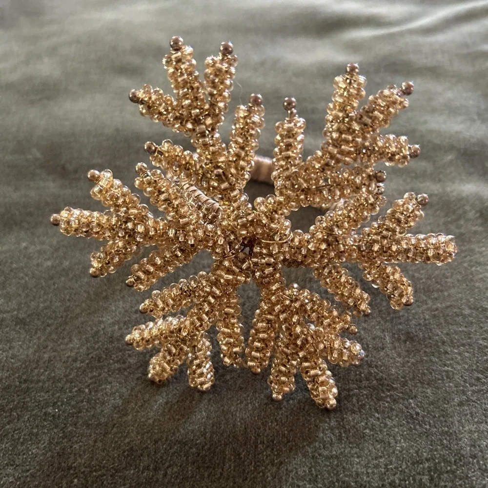 PIER 1? Jeweled & Beaded Napkin Rings Amber Gold Snowflake Clusters - Set Of 6